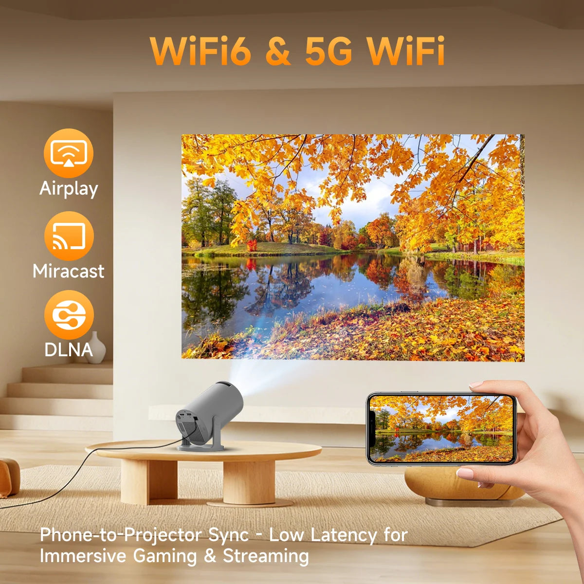 Mini Projector 8K 1080P Support with Wifi 6 & BT 5.4 290 ANSI Brightness, Auto Keystone, 180 Degree Rotation, Portable Projector for Home Theater & Outdoor Movies Hy300Pro Grey