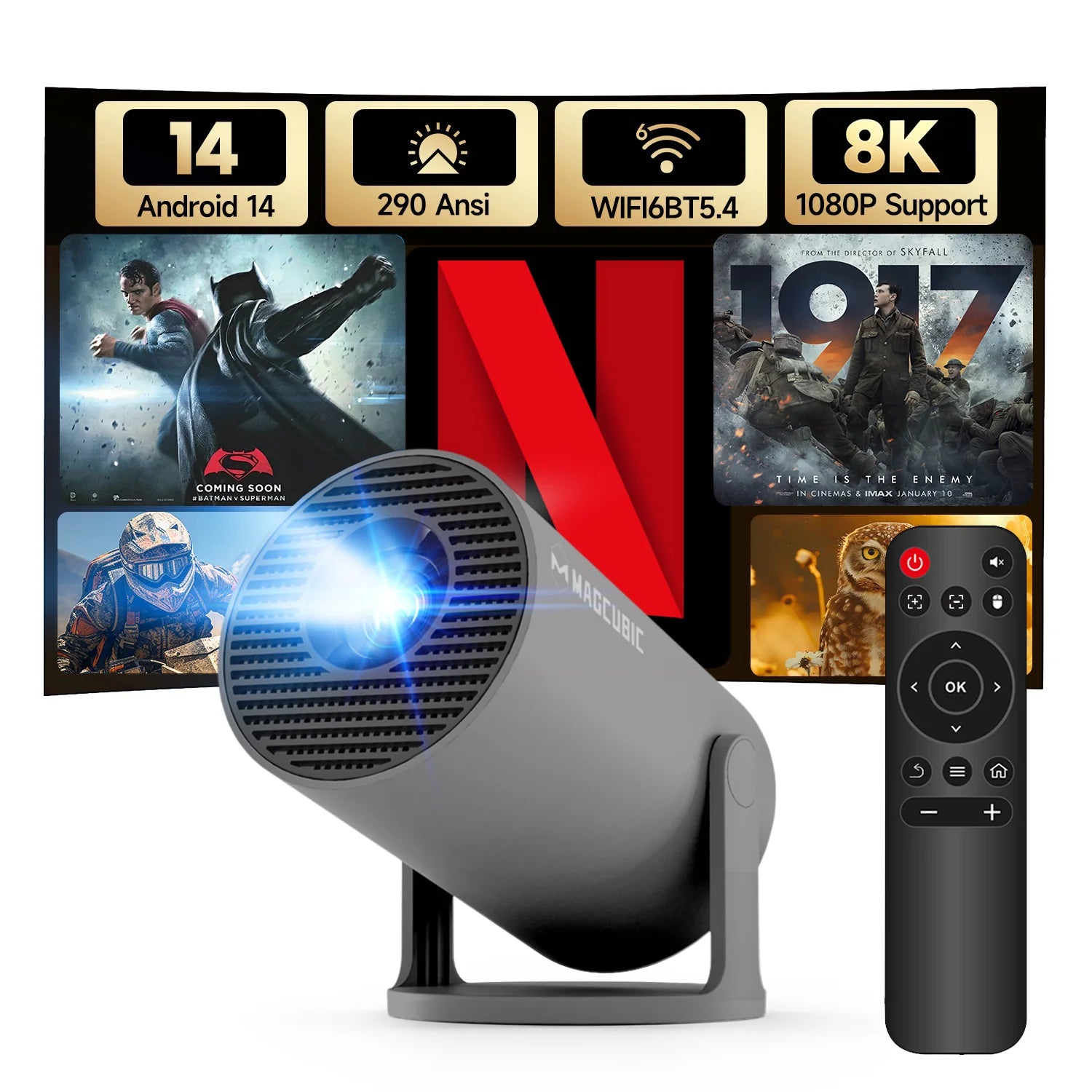 Mini Projector 8K 1080P Support with Wifi 6 & BT 5.4 290 ANSI Brightness, Auto Keystone, 180 Degree Rotation, Portable Projector for Home Theater & Outdoor Movies Hy300Pro Grey